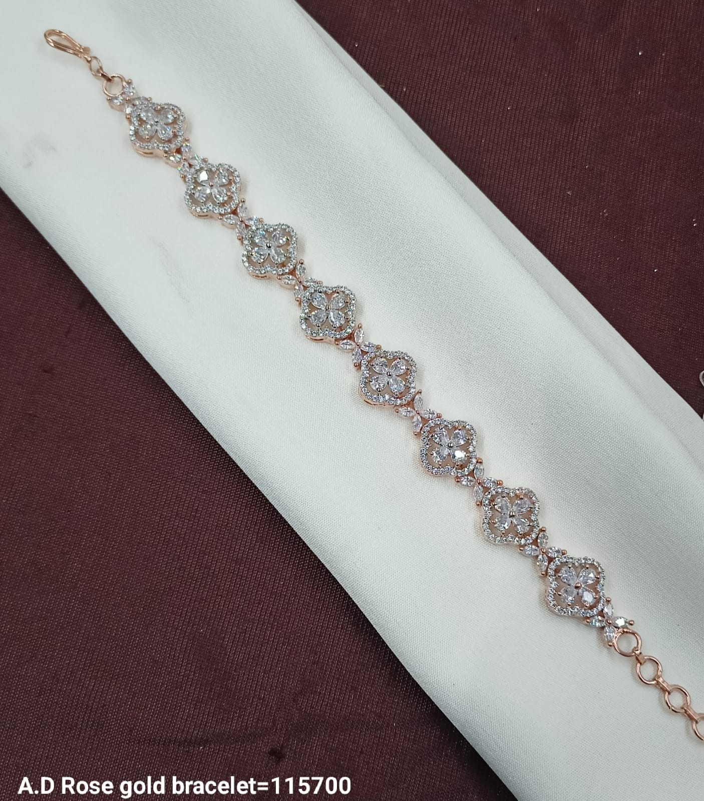 Elegant Rose Gold AD Bracelet – Intricate Floral Design with Sparkling Stones